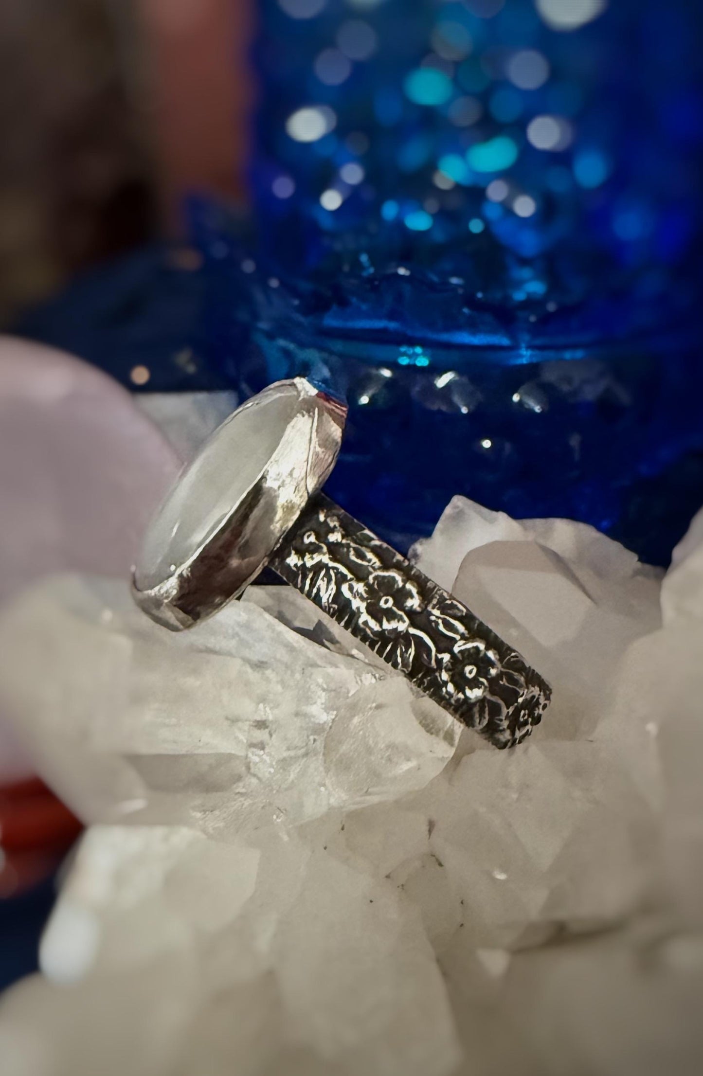Size 11 Handmade Moonstone Sterling Silver ring with floral band
