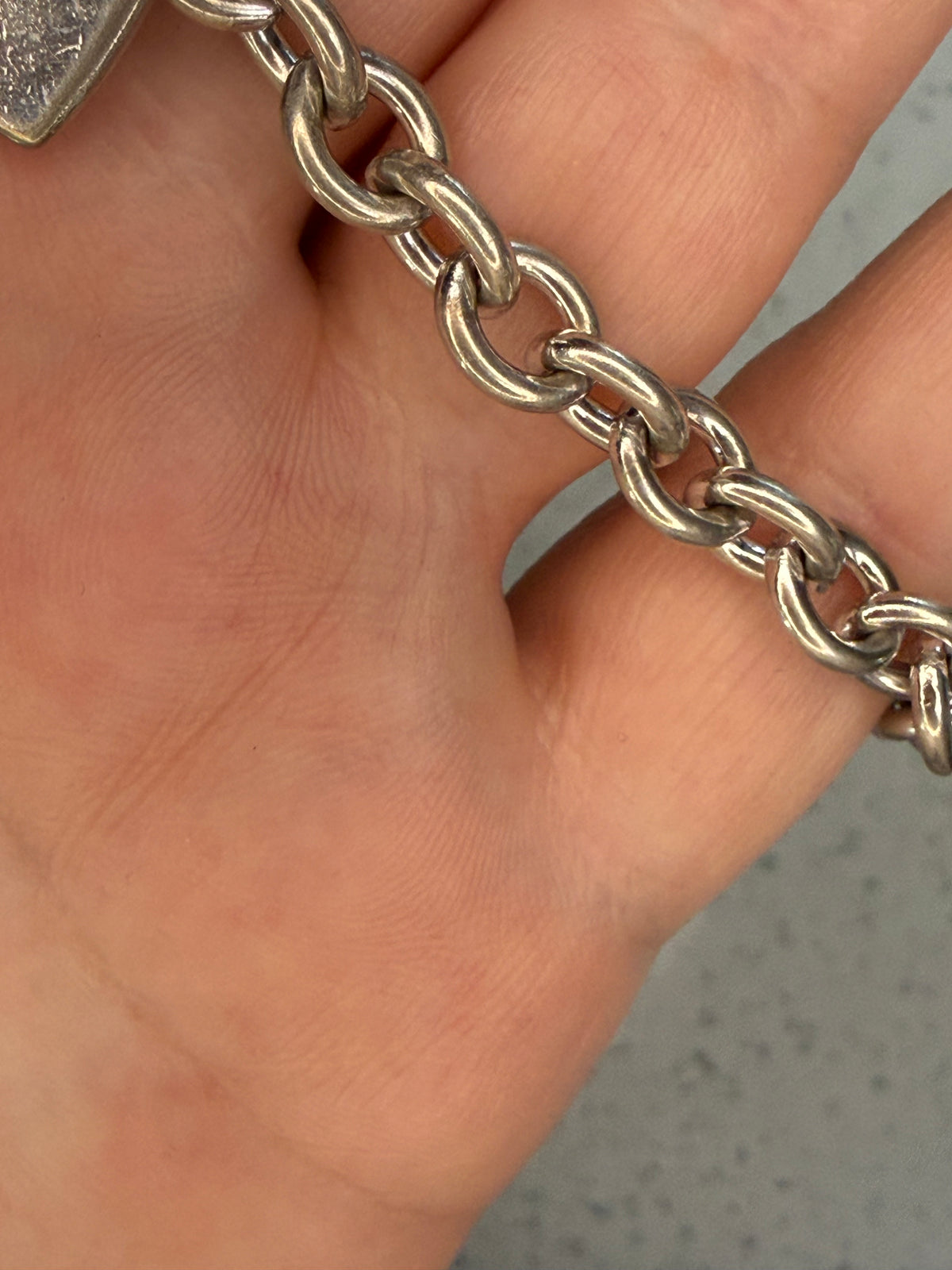 Vintage sterling silver round link bracelet with Engraveable heart 8”