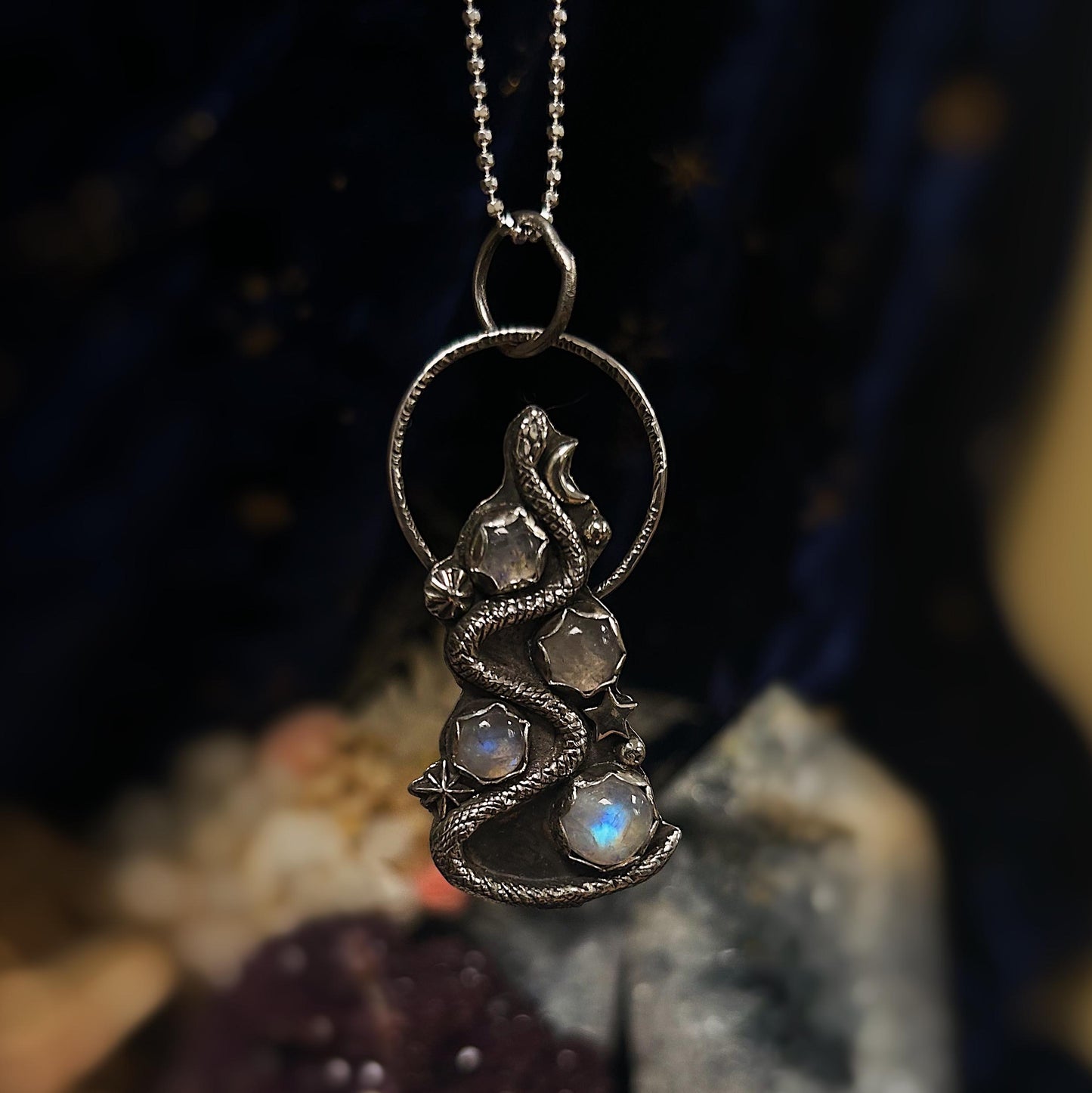 Moonstone snake celestial sterling silver necklace on 18” chain