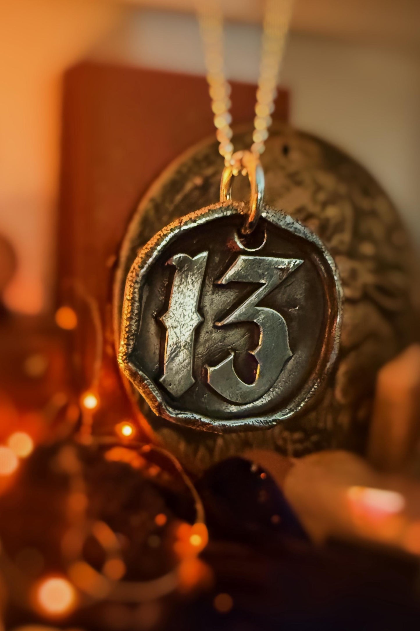 Lucky 13 Wax Seal Good Luck Charm Pendant necklace on .999 Fine silver