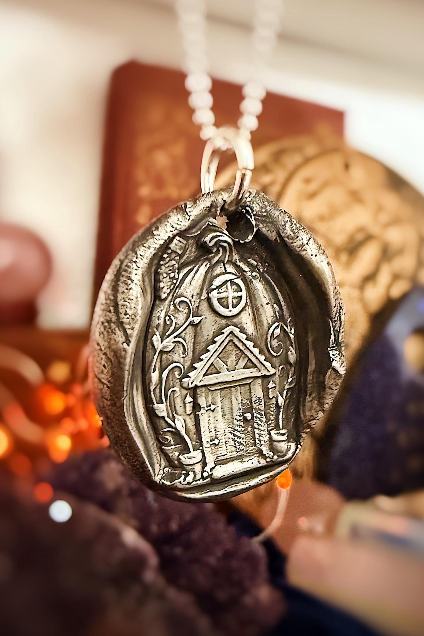 Pumpkin Cottage Wax Seal Good Luck Charm Pendant necklace on .999 Fine silver