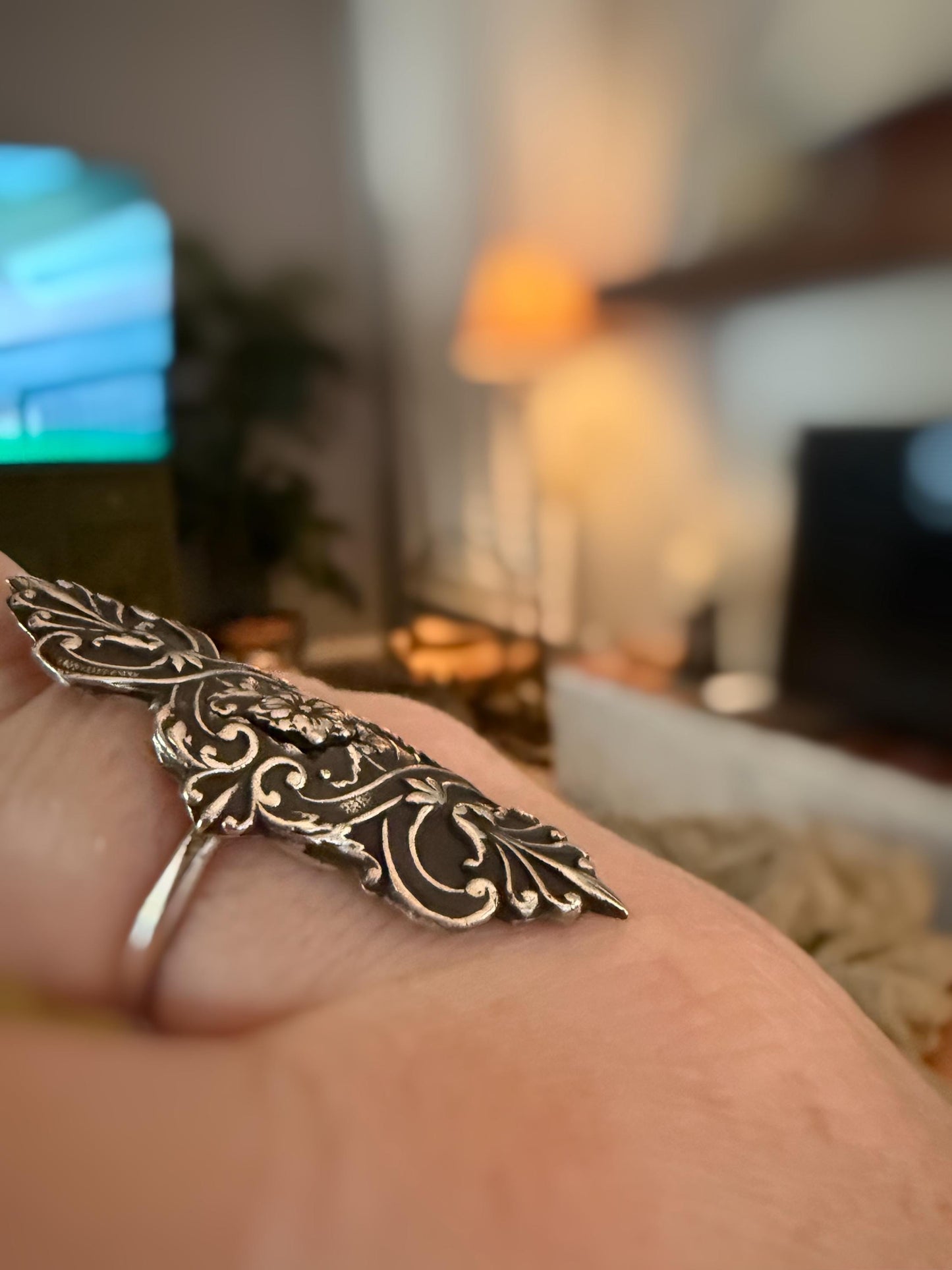 Floral Victorian Acanthus Shield ring handmade in fine and sterling silver