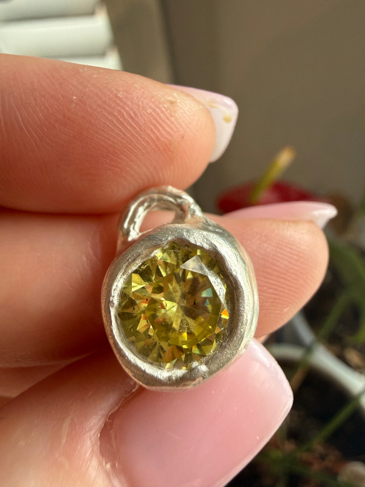 Fine silver Blobert peridot green CZ charm