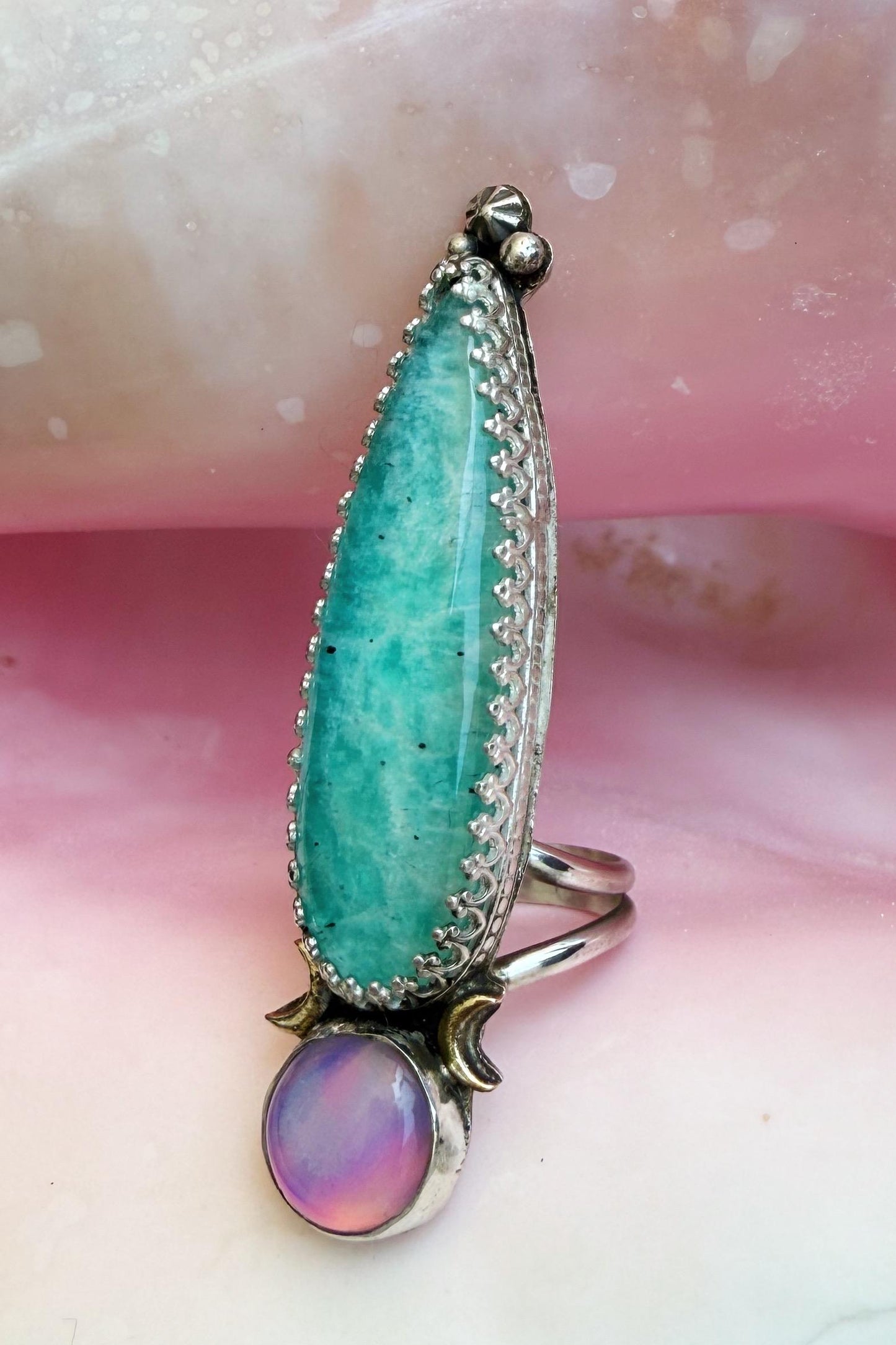 Amazonite quartz crystal doublet talon rings in sterling silver, sizes 7, 7.5, and 8