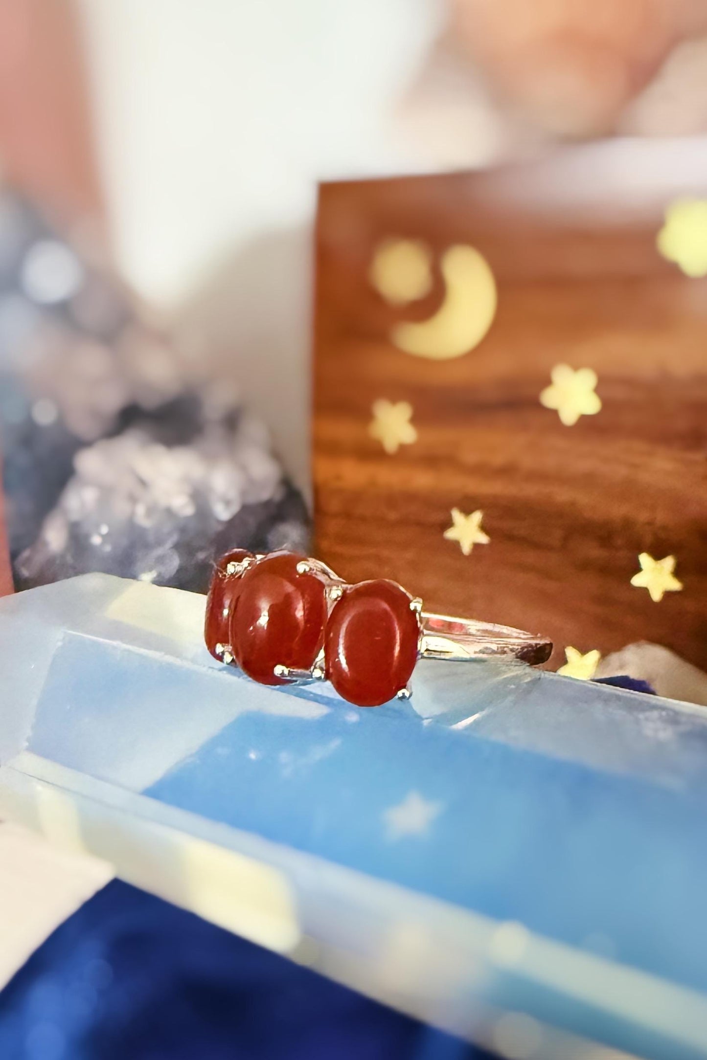 Handmade .925 sterling silver 3 Stone Gemstone Droplet Ring in Red Onyx