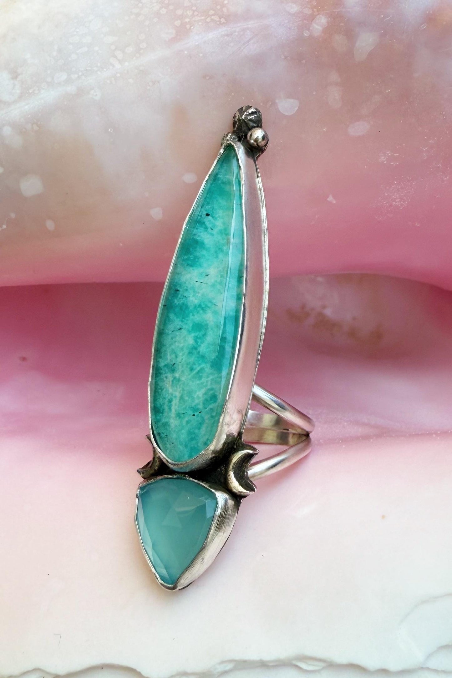 Amazonite quartz crystal doublet talon rings in sterling silver, sizes 7, 7.5, and 8