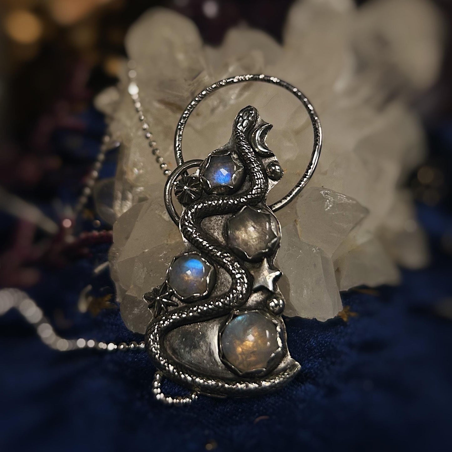 Moonstone snake celestial sterling silver necklace on 18” chain