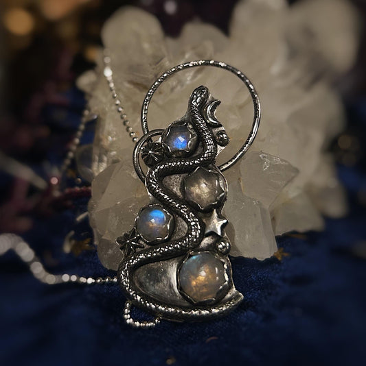 Moonstone snake celestial sterling silver necklace on 18” chain