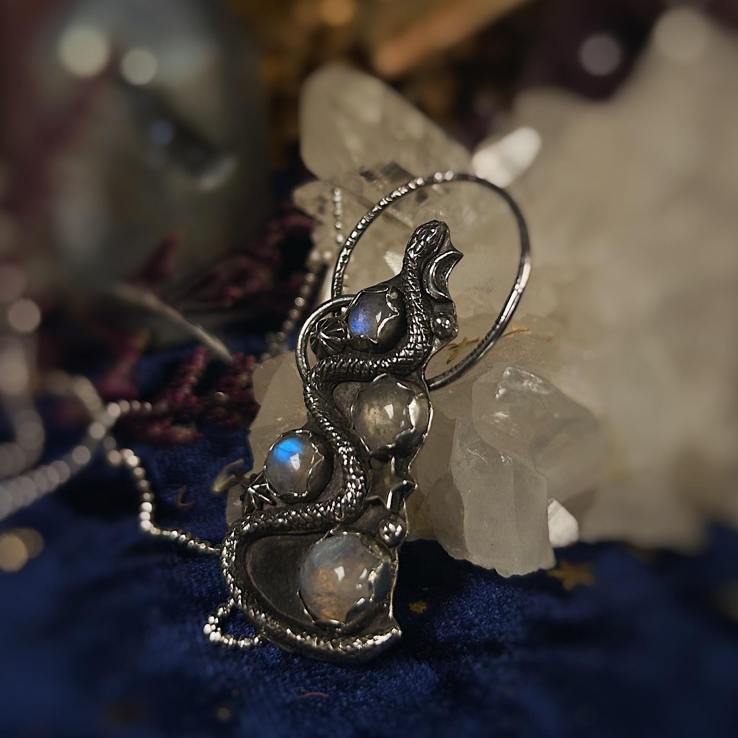 Moonstone snake celestial sterling silver necklace on 18” chain