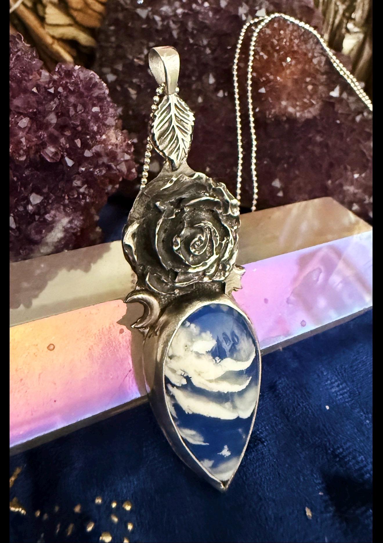 Plume Agate Doublet and Rose Pendant, handmade in sterling silver