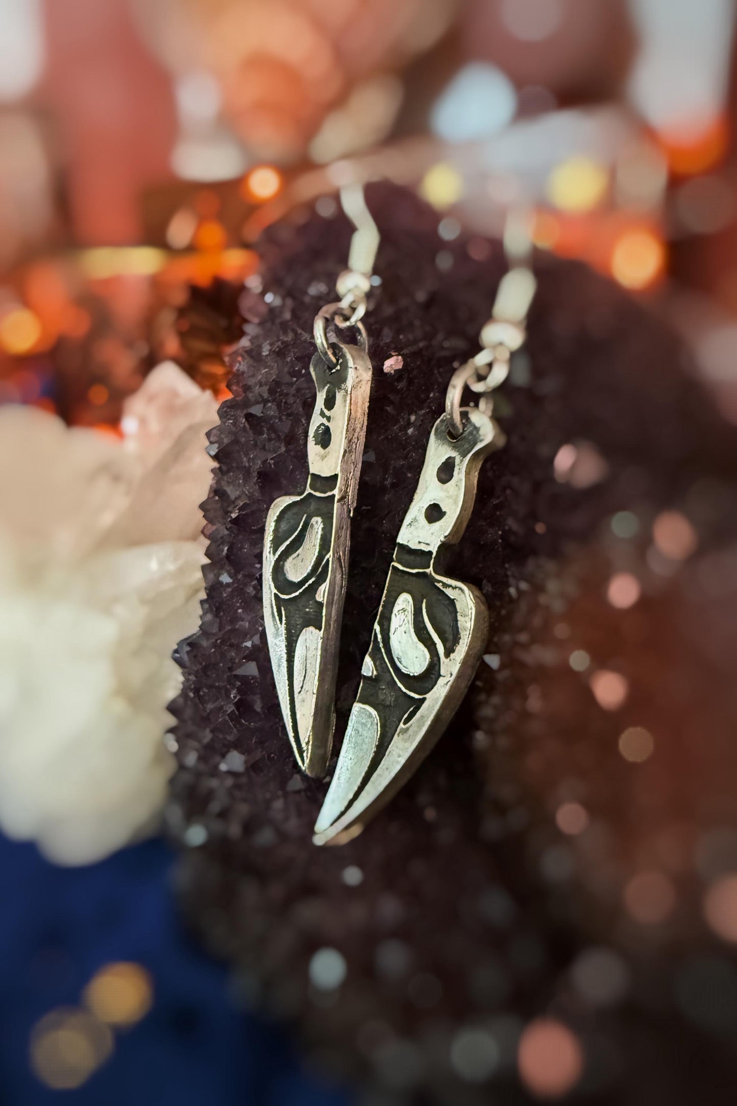 Ghost Face mask knife earrings handmade in .999 fine silver