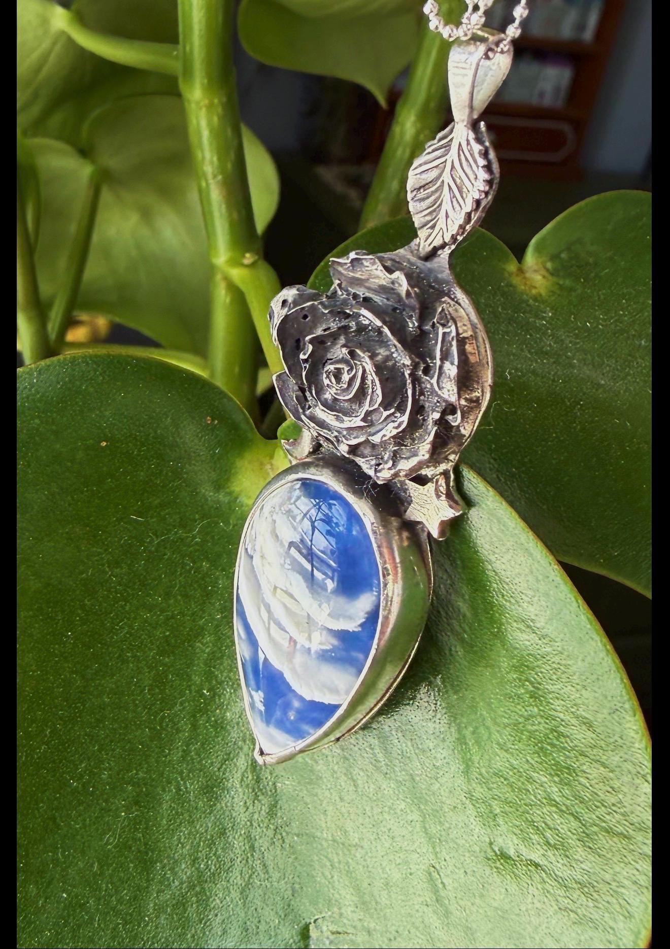 Plume Agate Doublet and Rose Pendant, handmade in sterling silver