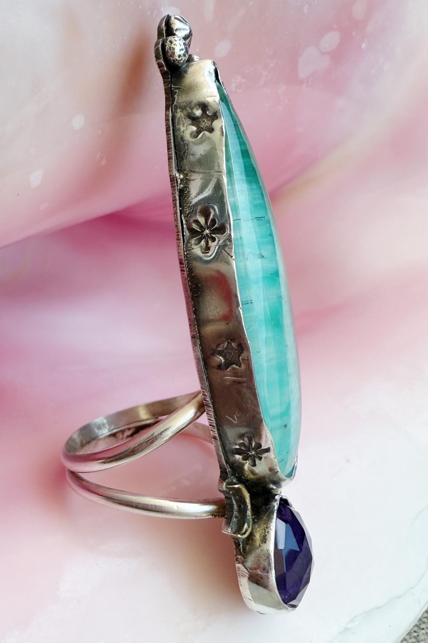 Amazonite quartz crystal doublet talon rings in sterling silver, sizes 7, 7.5, and 8