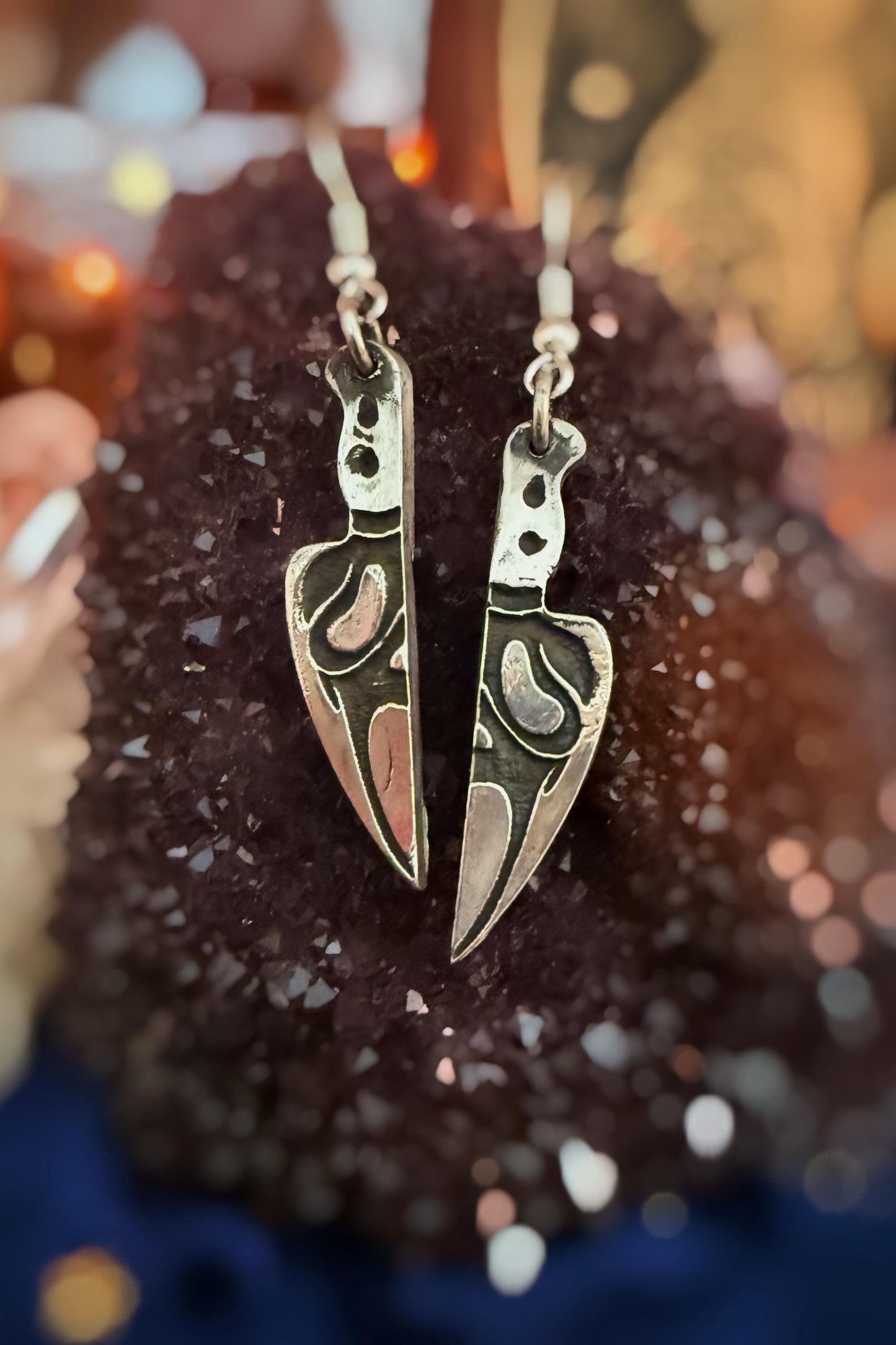 Ghost Face mask knife earrings handmade in .999 fine silver