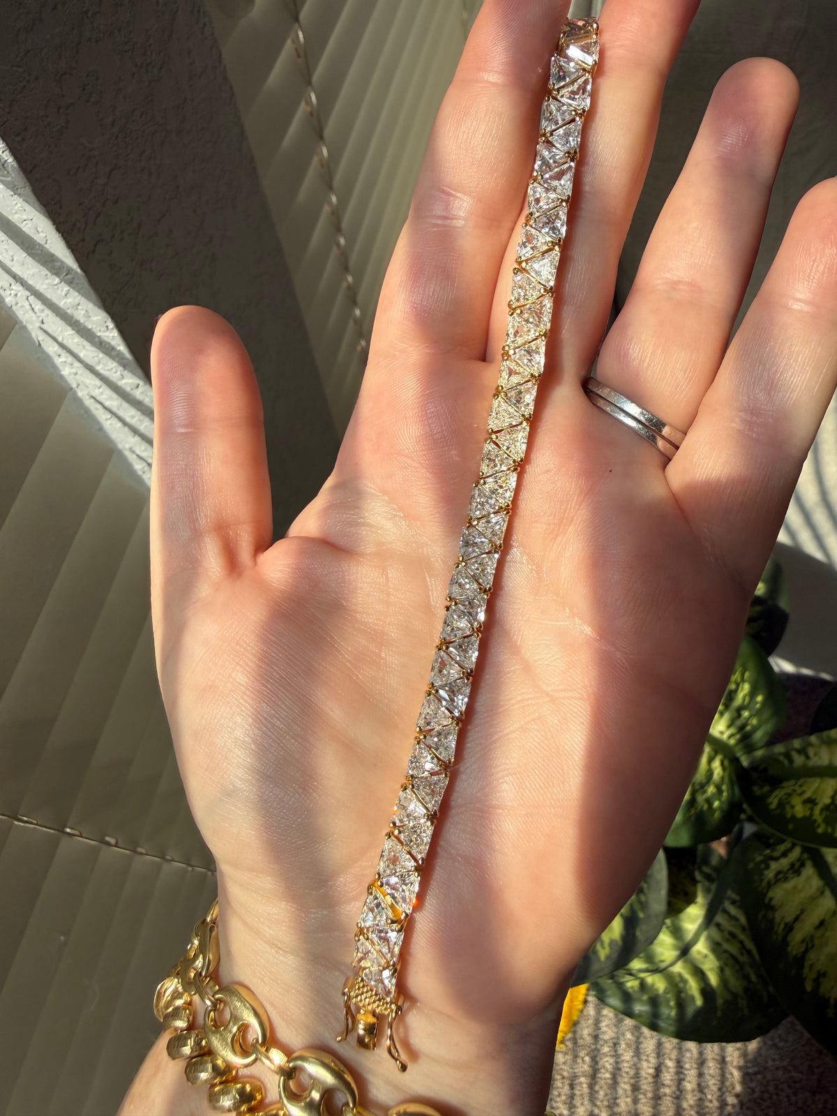 Gold over Sterling Silver triangle/trillion cut CZ tennis bracelet