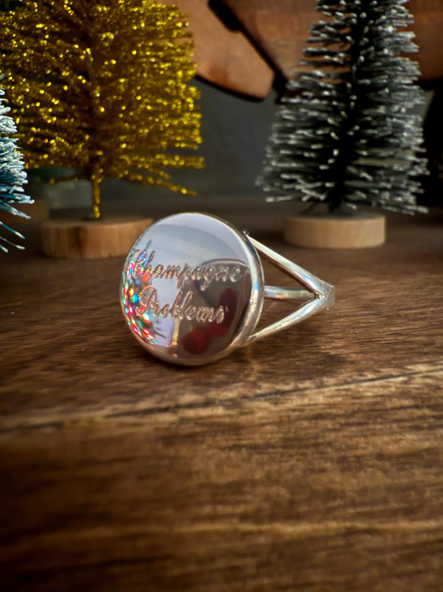 Champagne Problems Hand Engraved Sterling Silver ring sizes 6-10