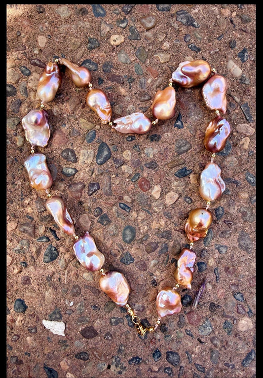 Genuine Freshwater Baroque Pearl and 18k Gold Filled Bead Necklace