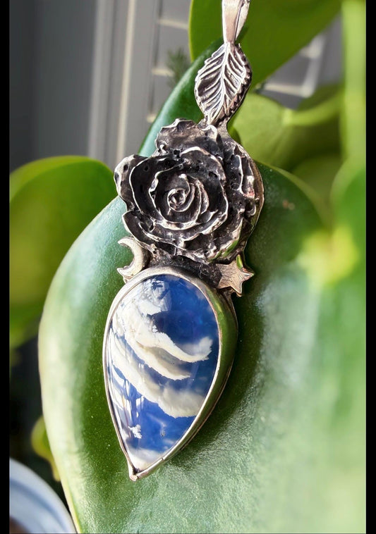 Plume Agate Doublet and Rose Pendant, handmade in sterling silver