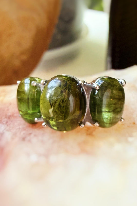 Handmade Green Tourmaline Gumdrop 3 Stone ring in .925 sterling silver