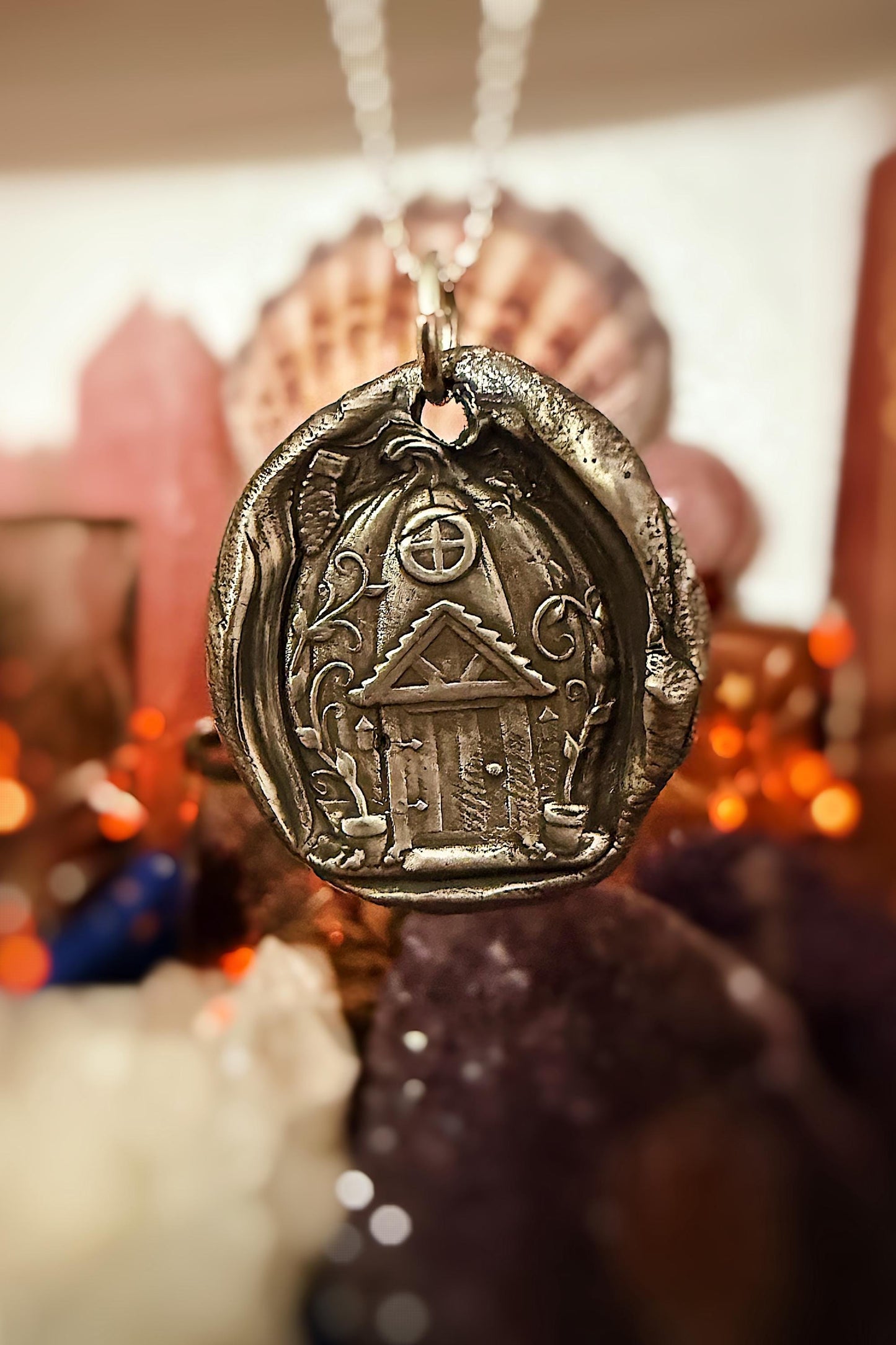Pumpkin Cottage Wax Seal Good Luck Charm Pendant necklace on .999 Fine silver