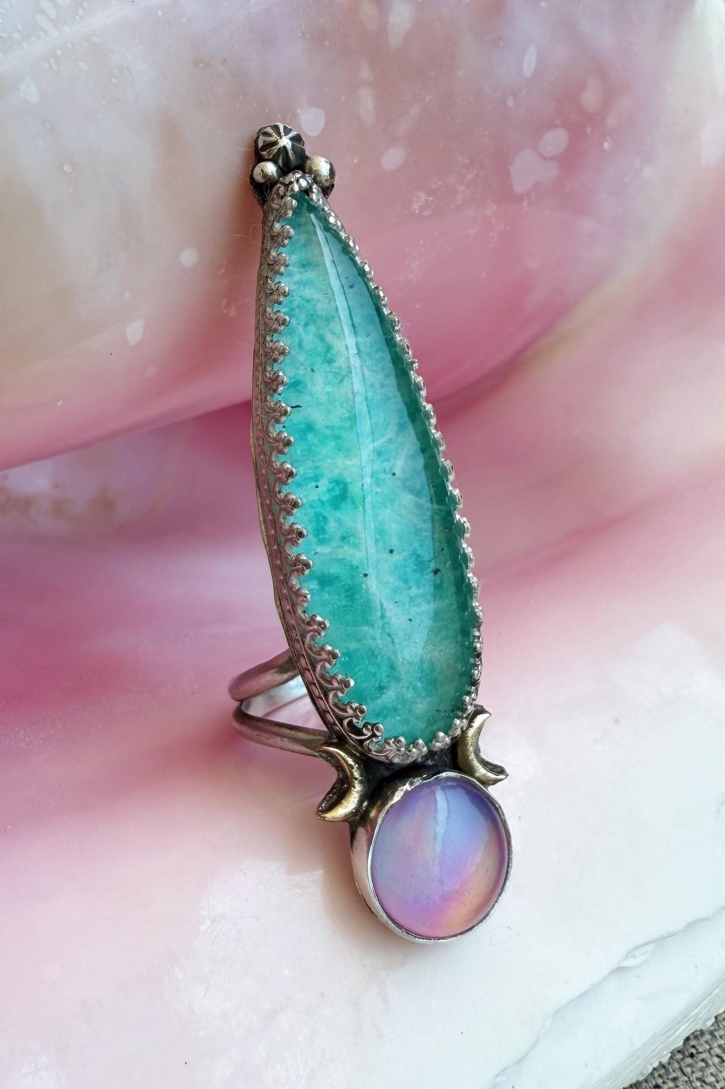 Amazonite quartz crystal doublet talon rings in sterling silver, sizes 7, 7.5, and 8