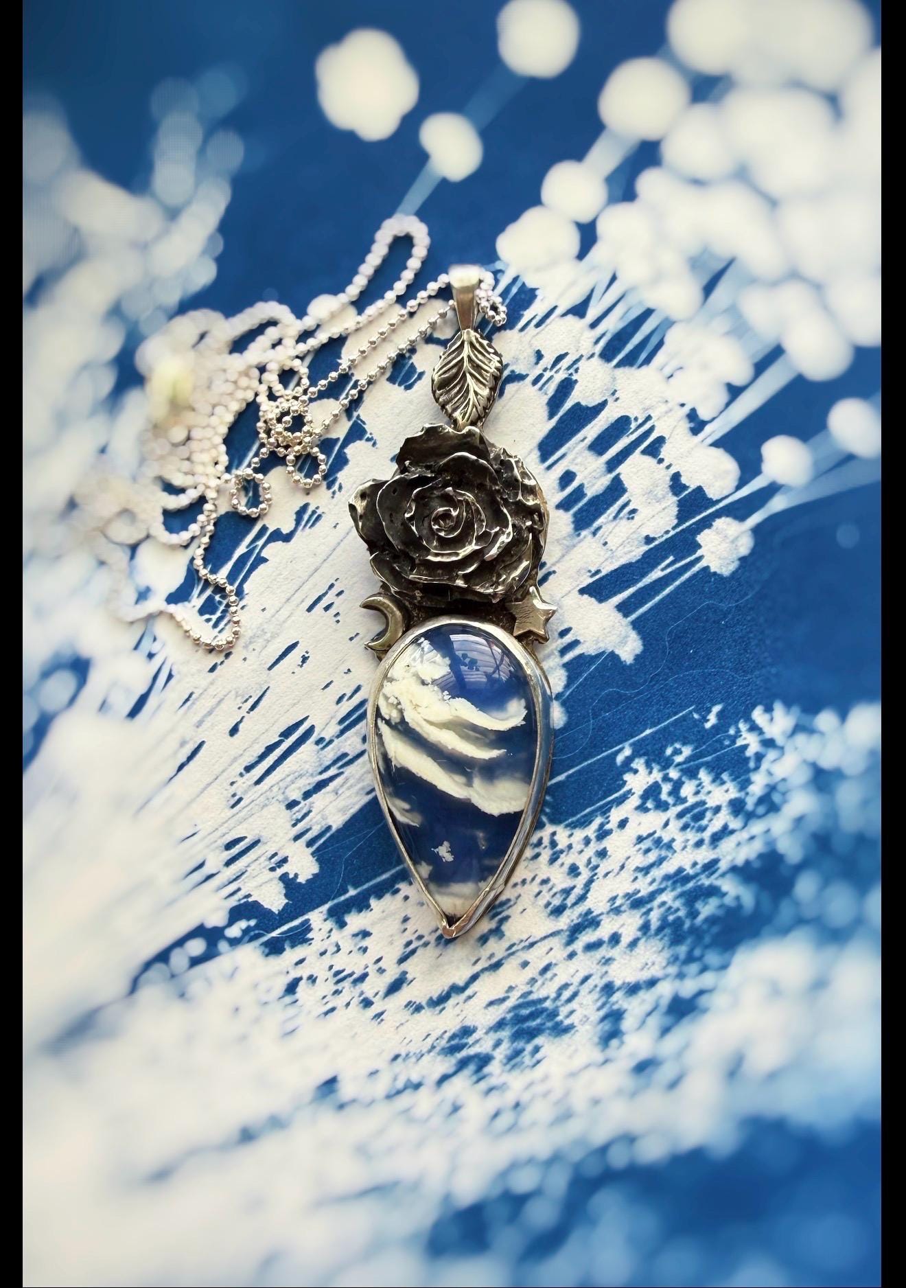Plume Agate Doublet and Rose Pendant, handmade in sterling silver