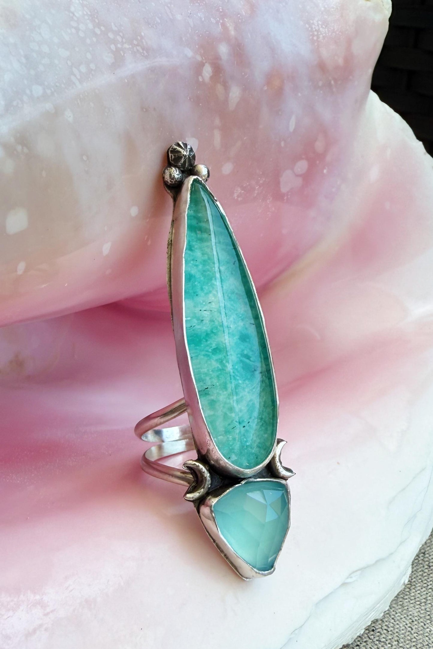 Amazonite quartz crystal doublet talon rings in sterling silver, sizes 7, 7.5, and 8