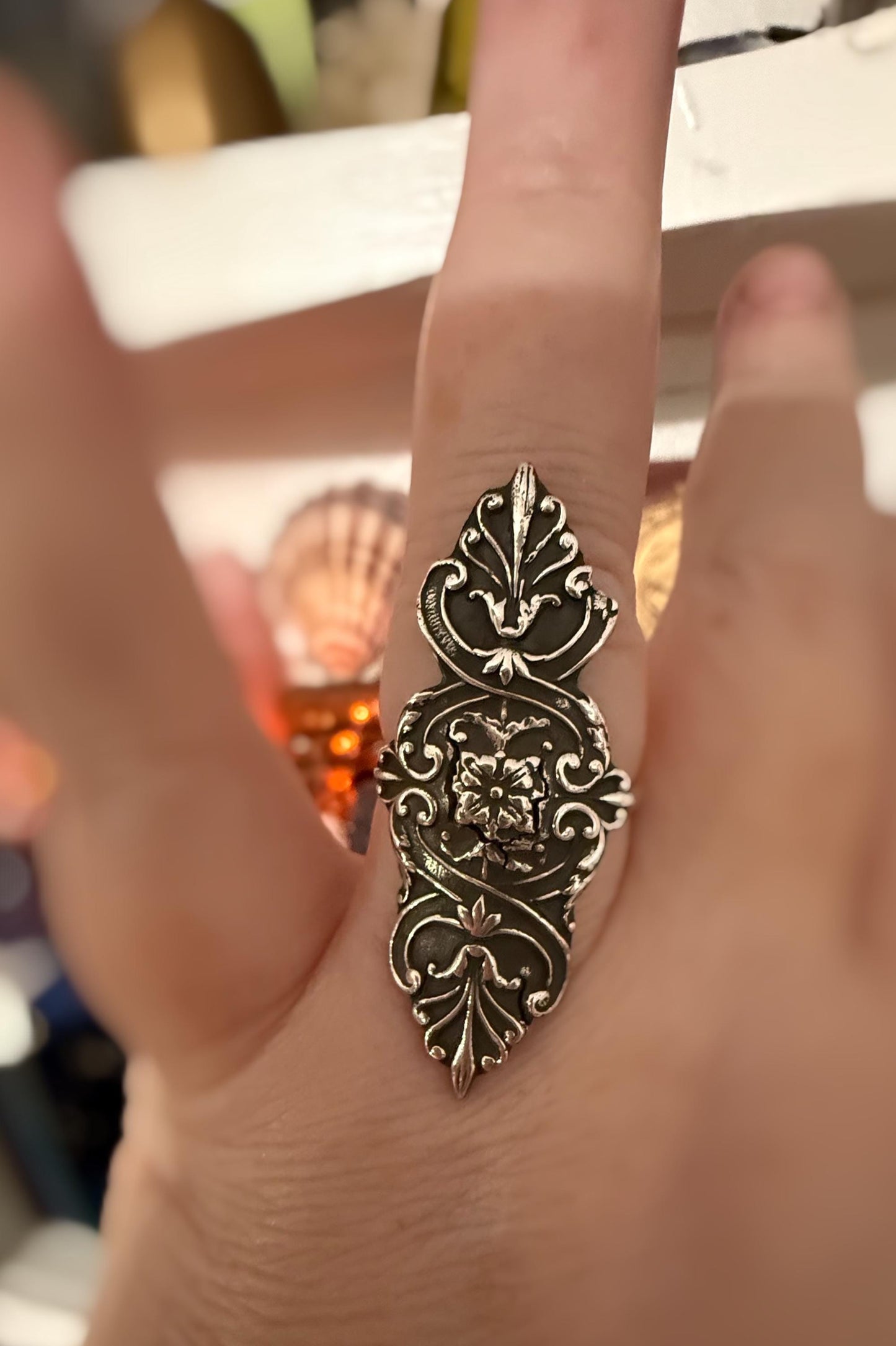 Floral Victorian Acanthus Shield ring handmade in fine and sterling silver