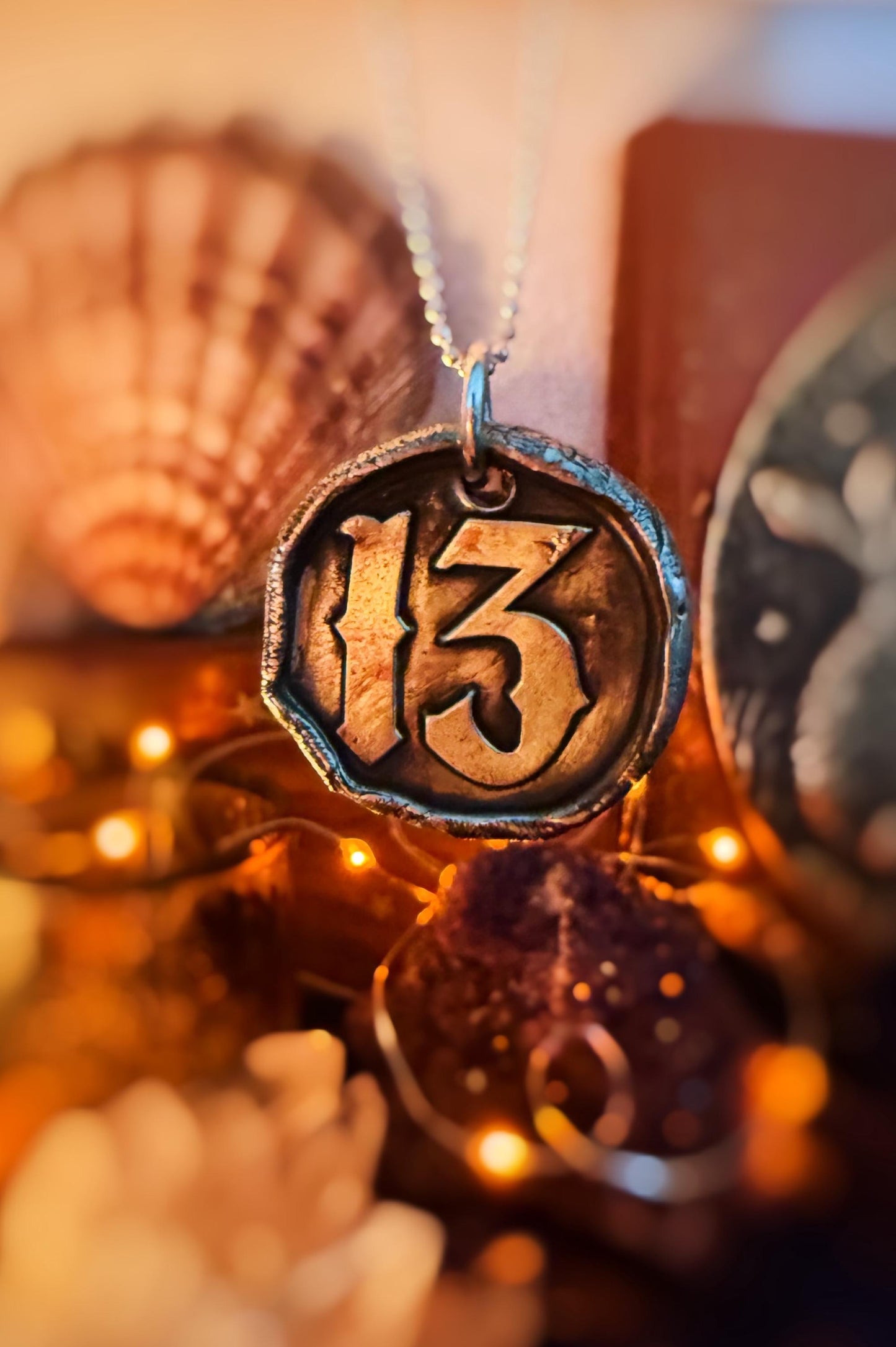Lucky 13 Wax Seal Good Luck Charm Pendant necklace on .999 Fine silver