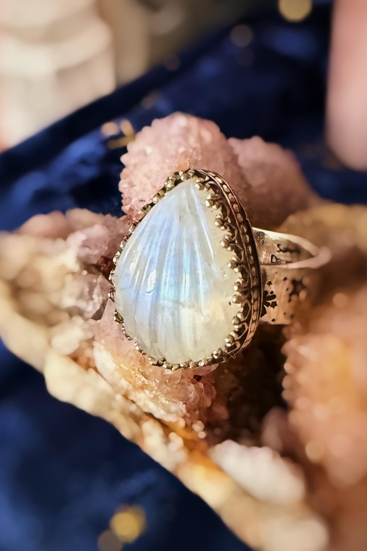 Seashell Moonstone sterling silver rings on celestial stamped bands sizes 5.5-9