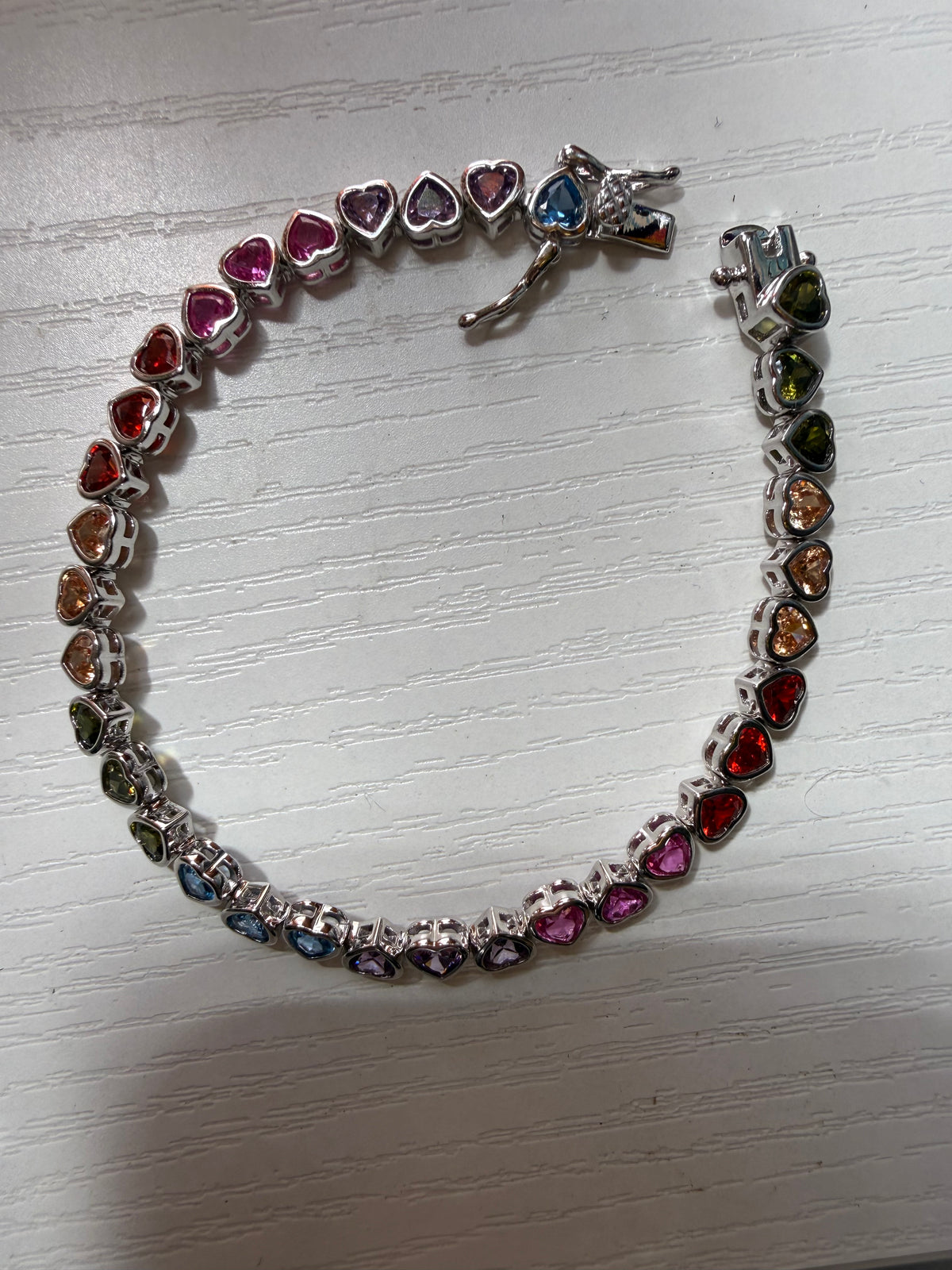 Sterling Silver Rainbow Heart Tennis Bracelet 7”