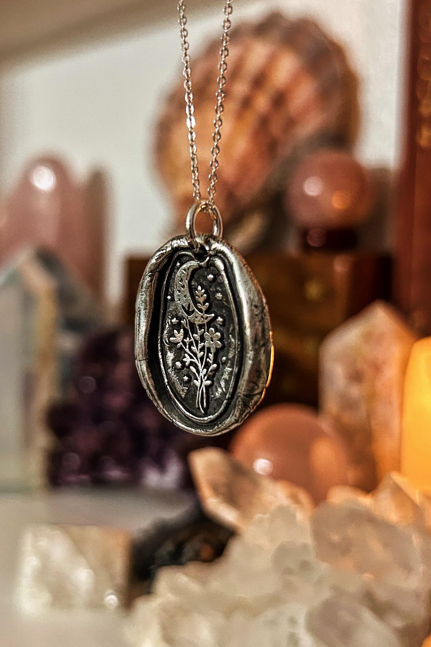 Flower Moon Wax Seal Good Luck Charm Pendant necklace in Fine silver