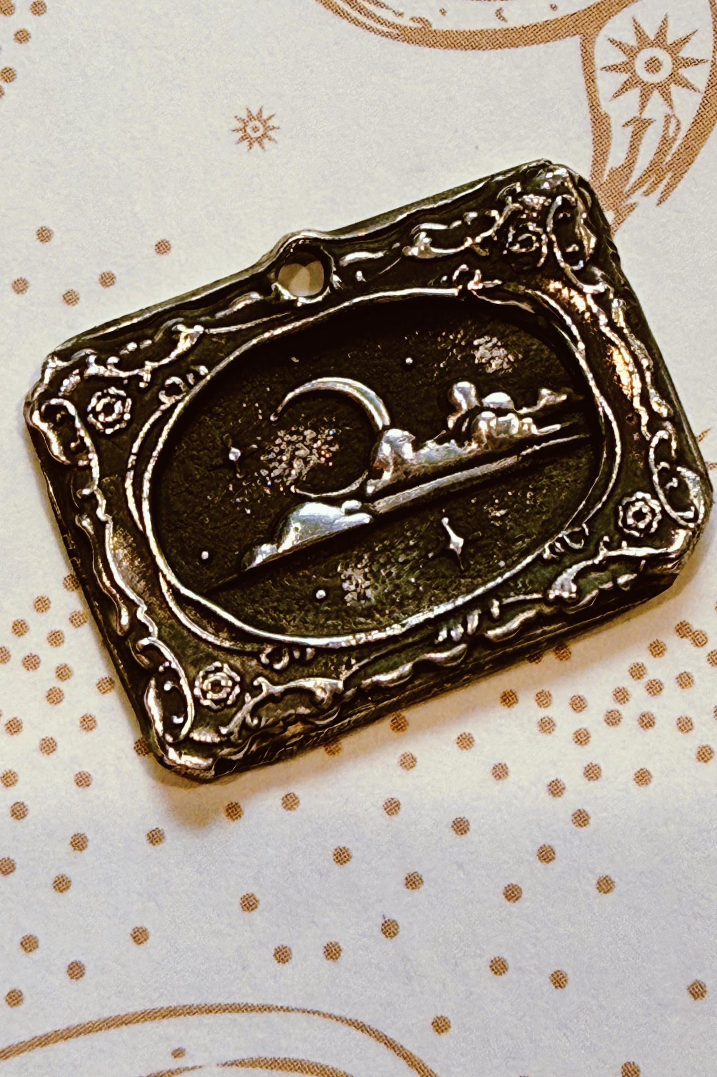 Portrait of the Moon Wax Seal Good Luck Charm Pendant in .999 Fine silver