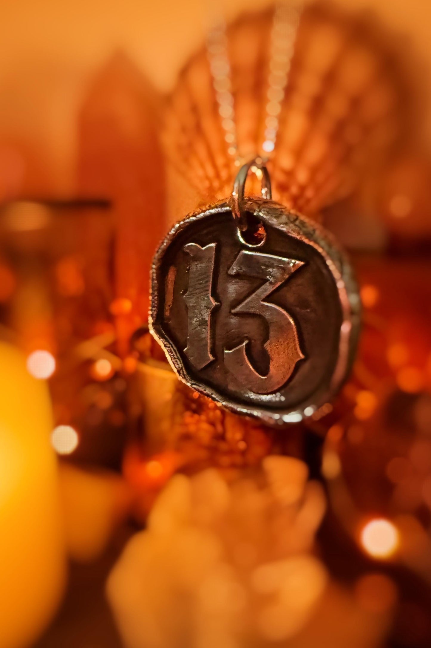 Lucky 13 Wax Seal Good Luck Charm Pendant necklace on .999 Fine silver