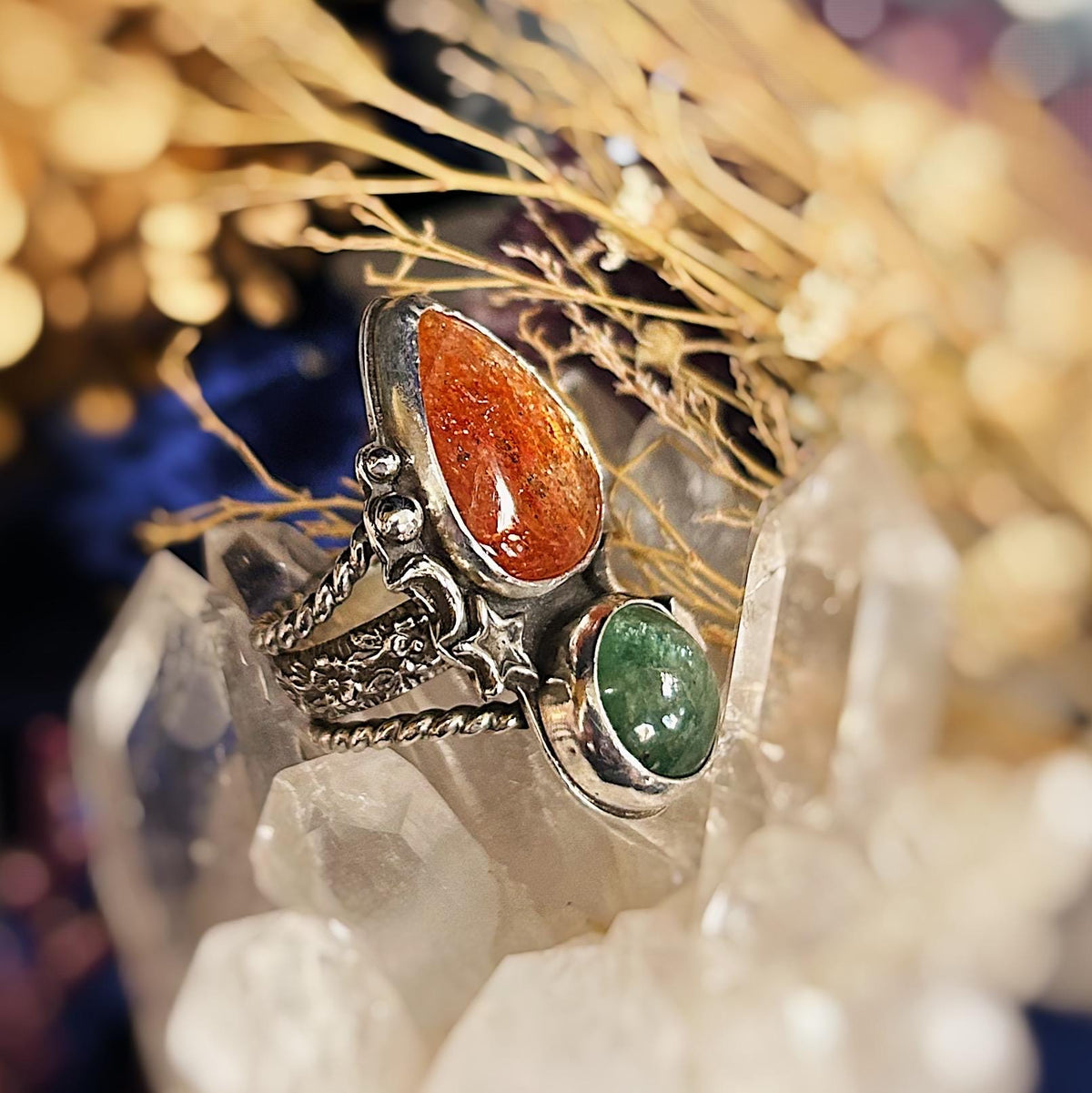 confetti sunstone and green aventurine sterling silver ring size 6.5