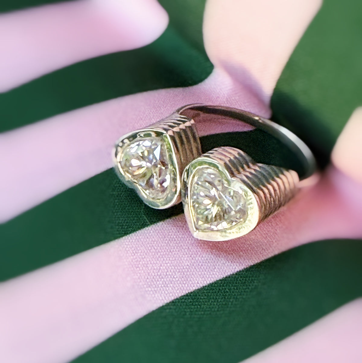 Sterling Silver Fluted Double Heart Moissanite Ring