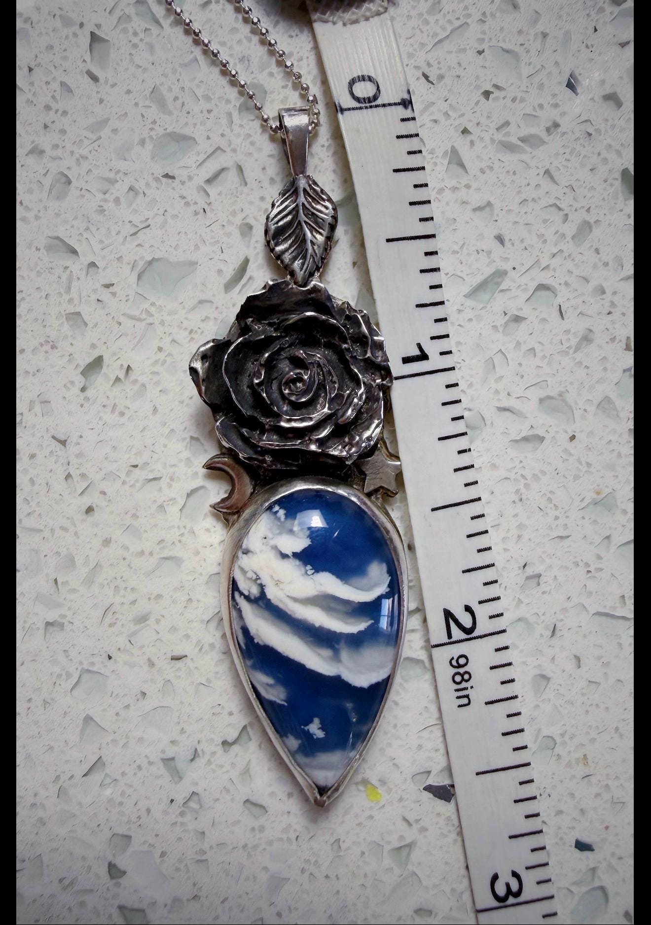 Plume Agate Doublet and Rose Pendant, handmade in sterling silver