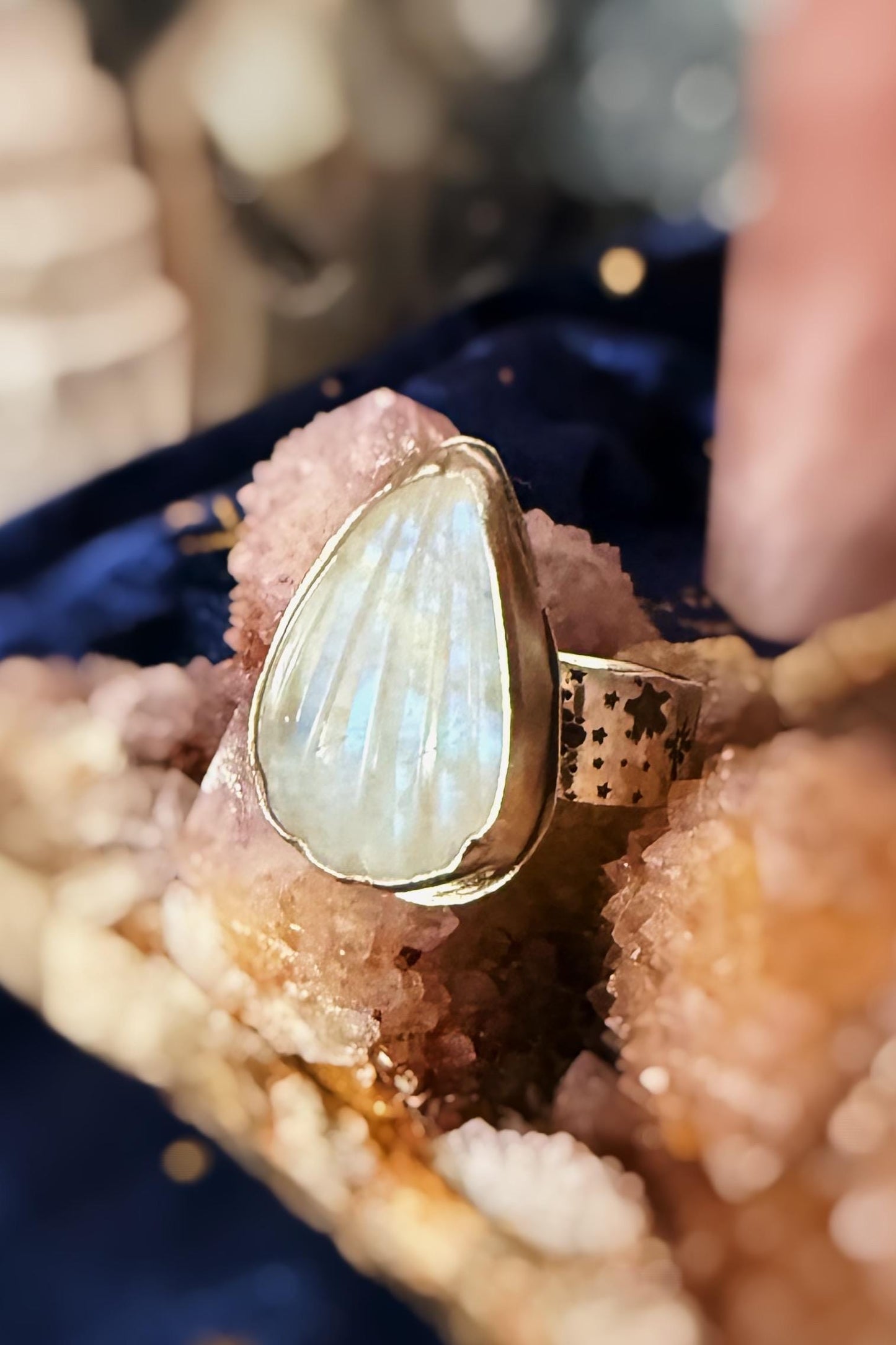 Seashell Moonstone sterling silver rings on celestial stamped bands sizes 5.5-9