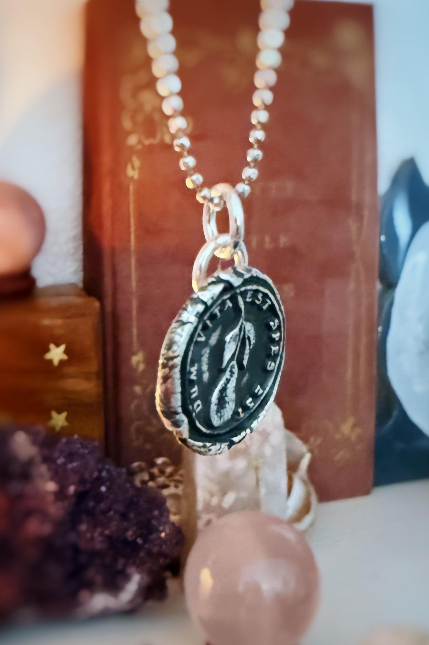 Fine Silver Wax Seal Pendant Necklace: Hope Latin Quote Medallion