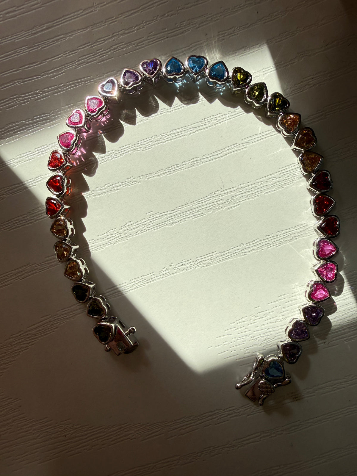 Sterling Silver Rainbow Heart Tennis Bracelet 7”
