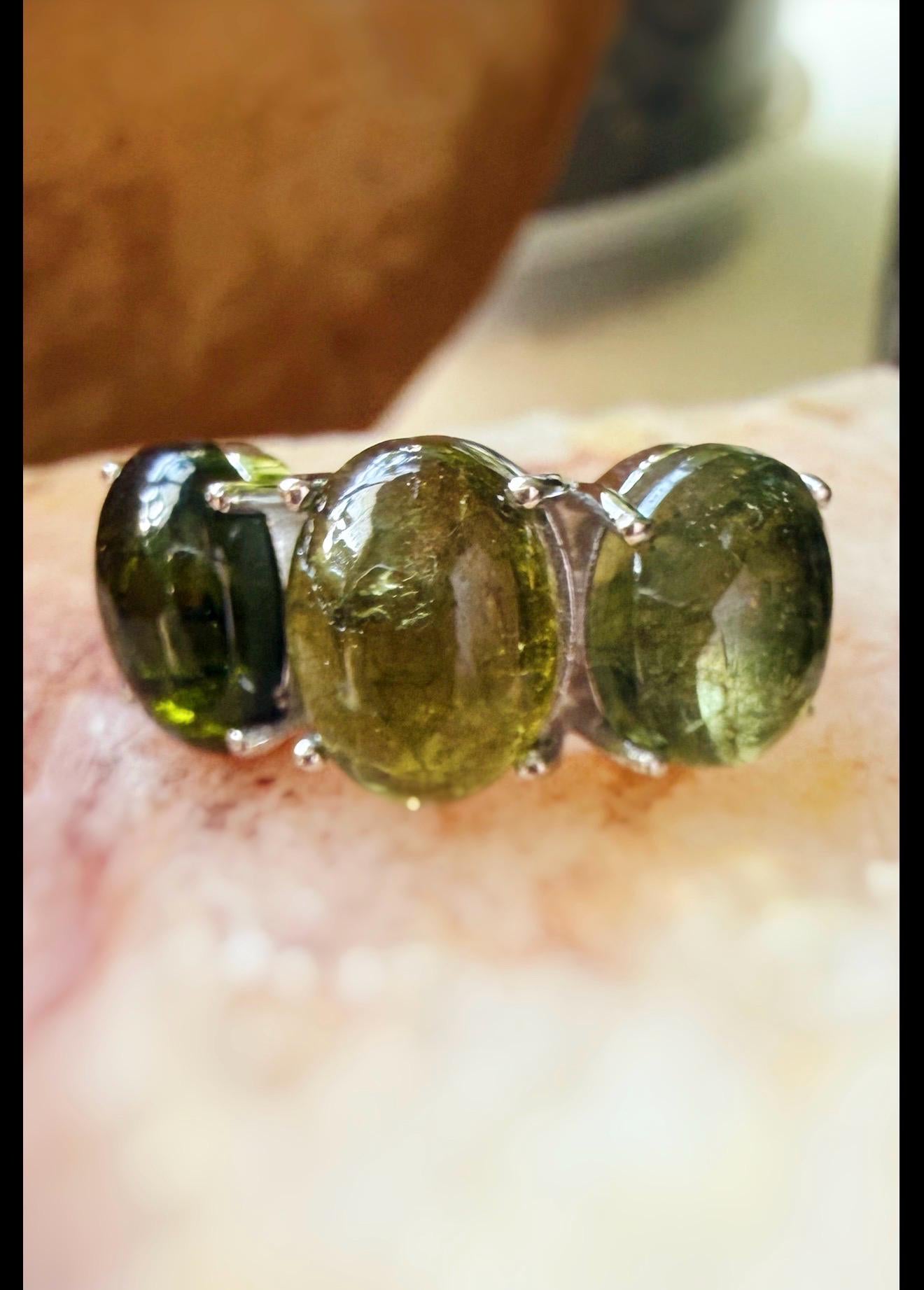 Handmade Green Tourmaline Gumdrop 3 Stone ring in .925 sterling silver