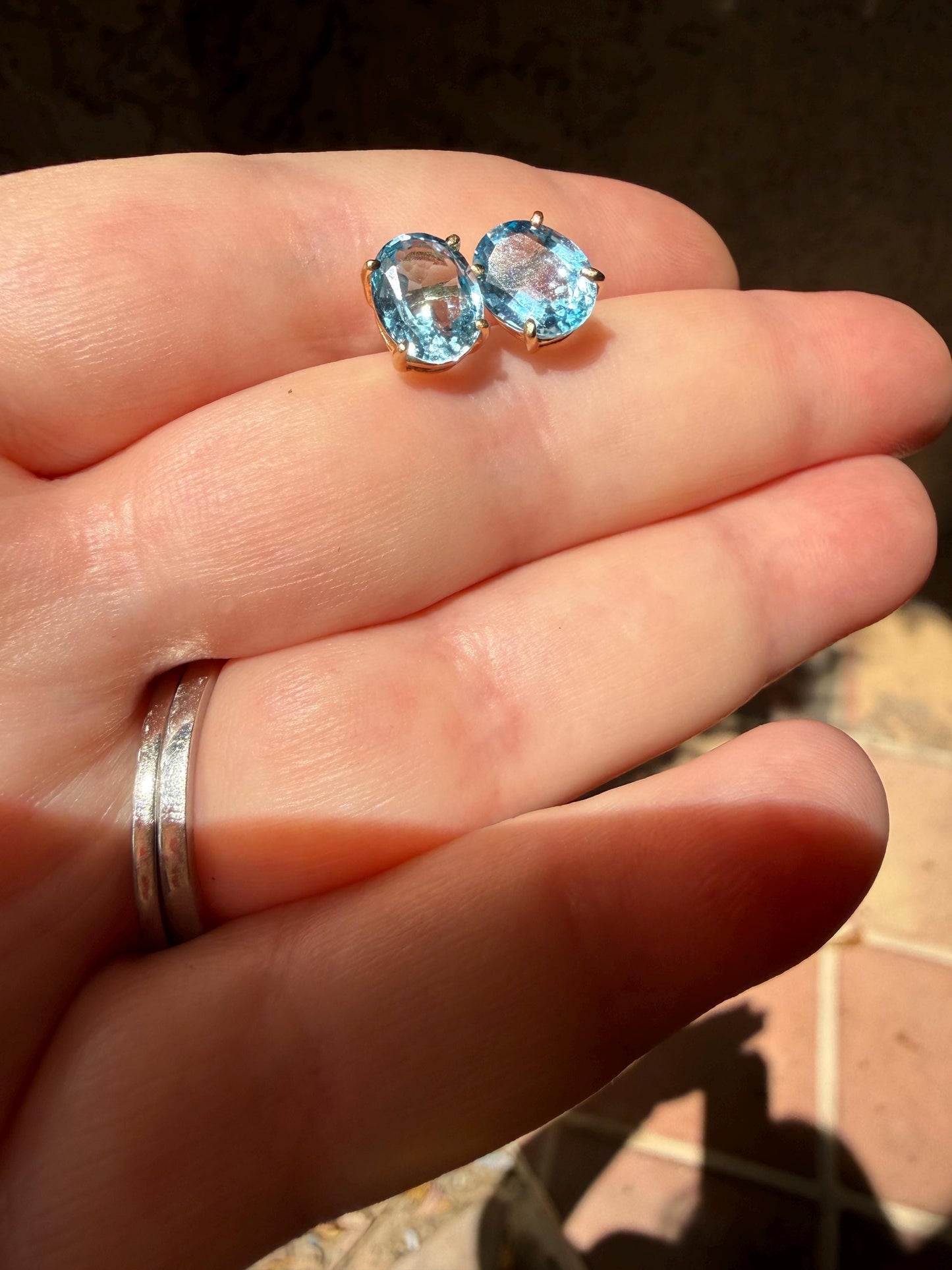 14k yellow gold baby Swiss blue topaz oval stud earrings