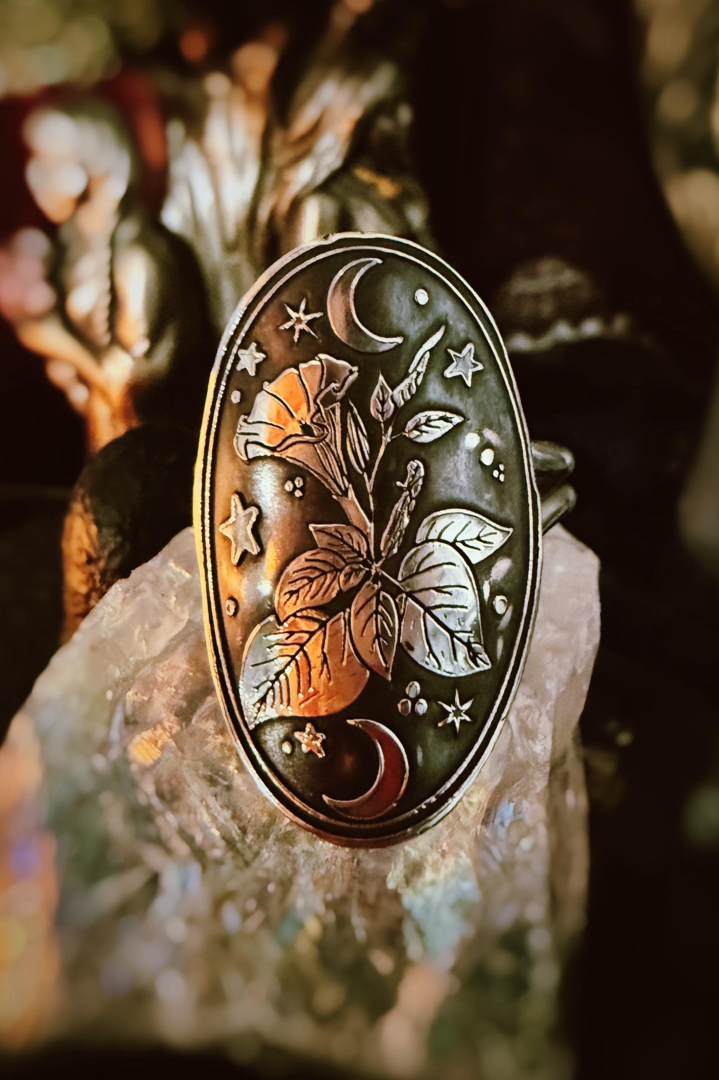 Celestial Datura flower sterling silver handmade ring, made to order