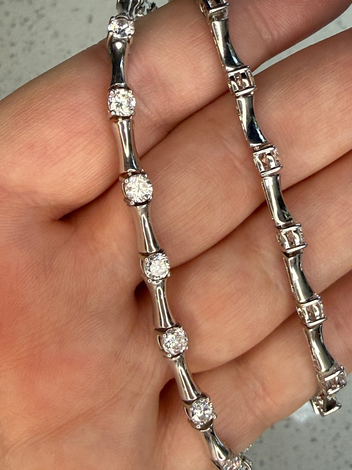 Vintage sterling silver CZ bamboo link necklace 16”