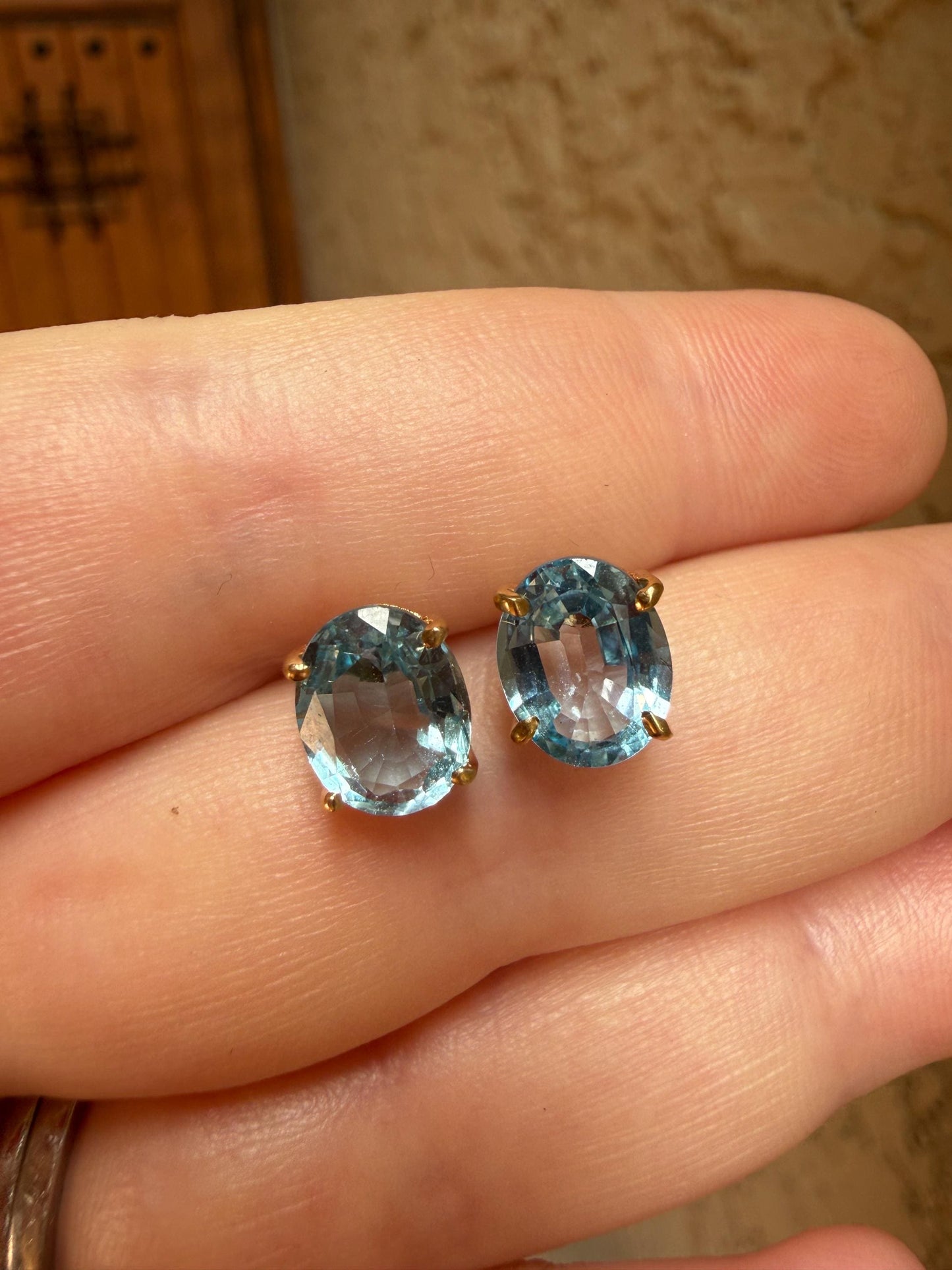 14k yellow gold baby Swiss blue topaz oval stud earrings