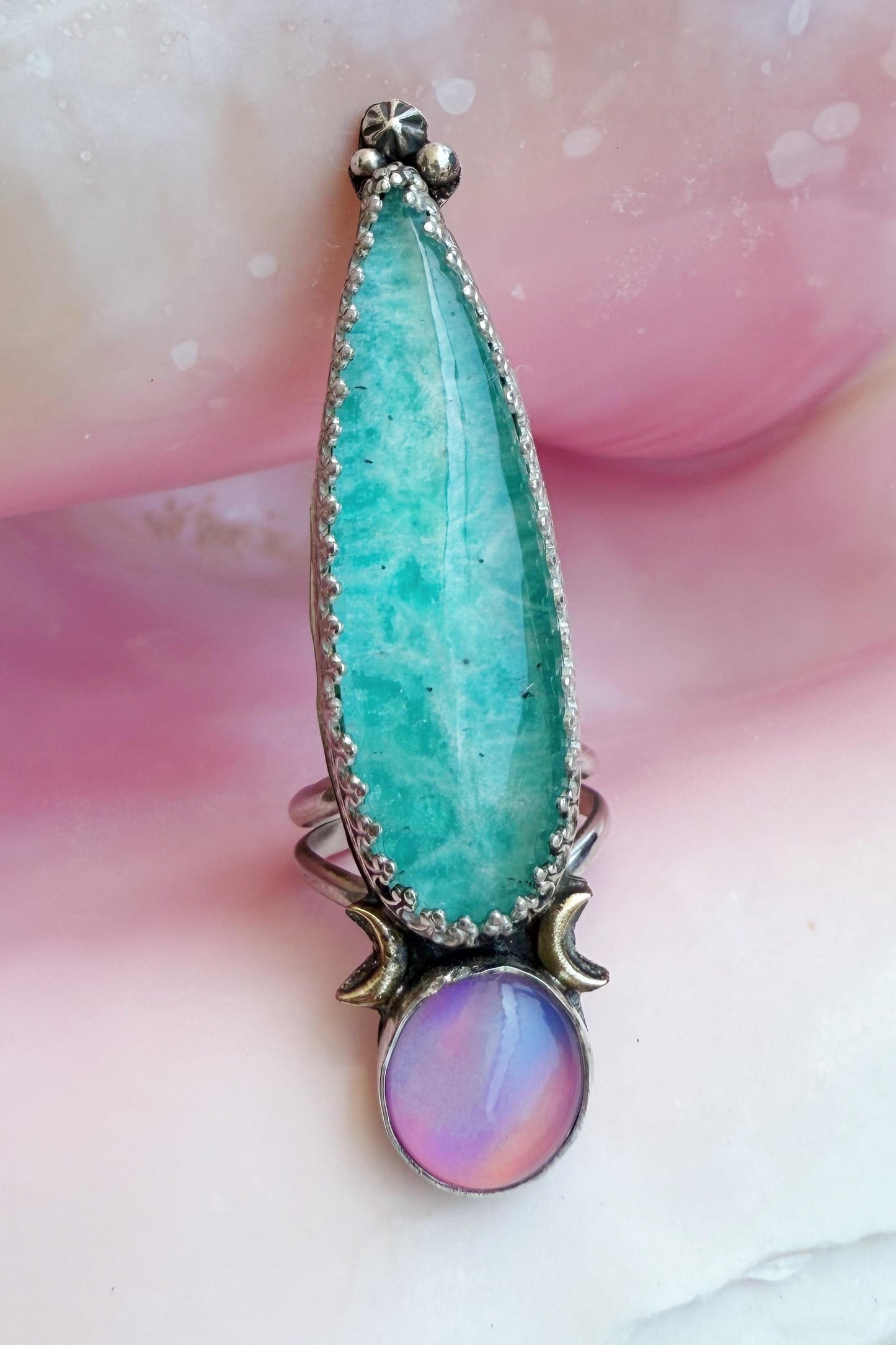 Amazonite quartz crystal doublet talon rings in sterling silver, sizes 7, 7.5, and 8