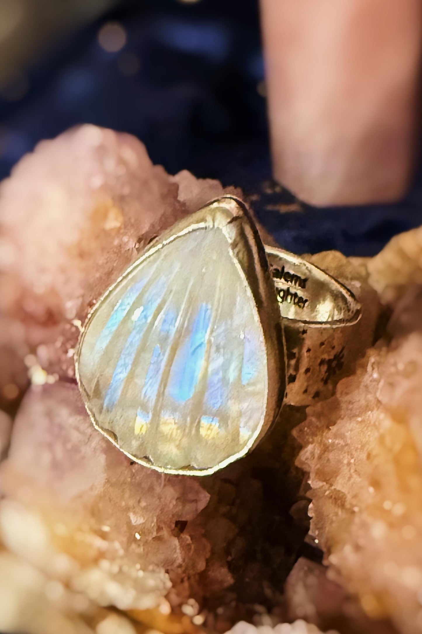 Seashell Moonstone sterling silver rings on celestial stamped bands sizes 5.5-9