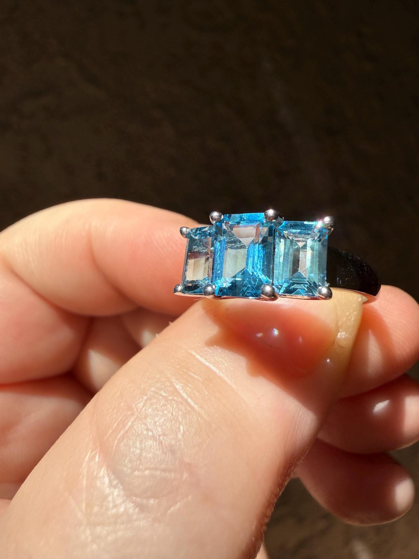 10k White Gold Emerald Cut Topaz 3 Stone Ring size 7