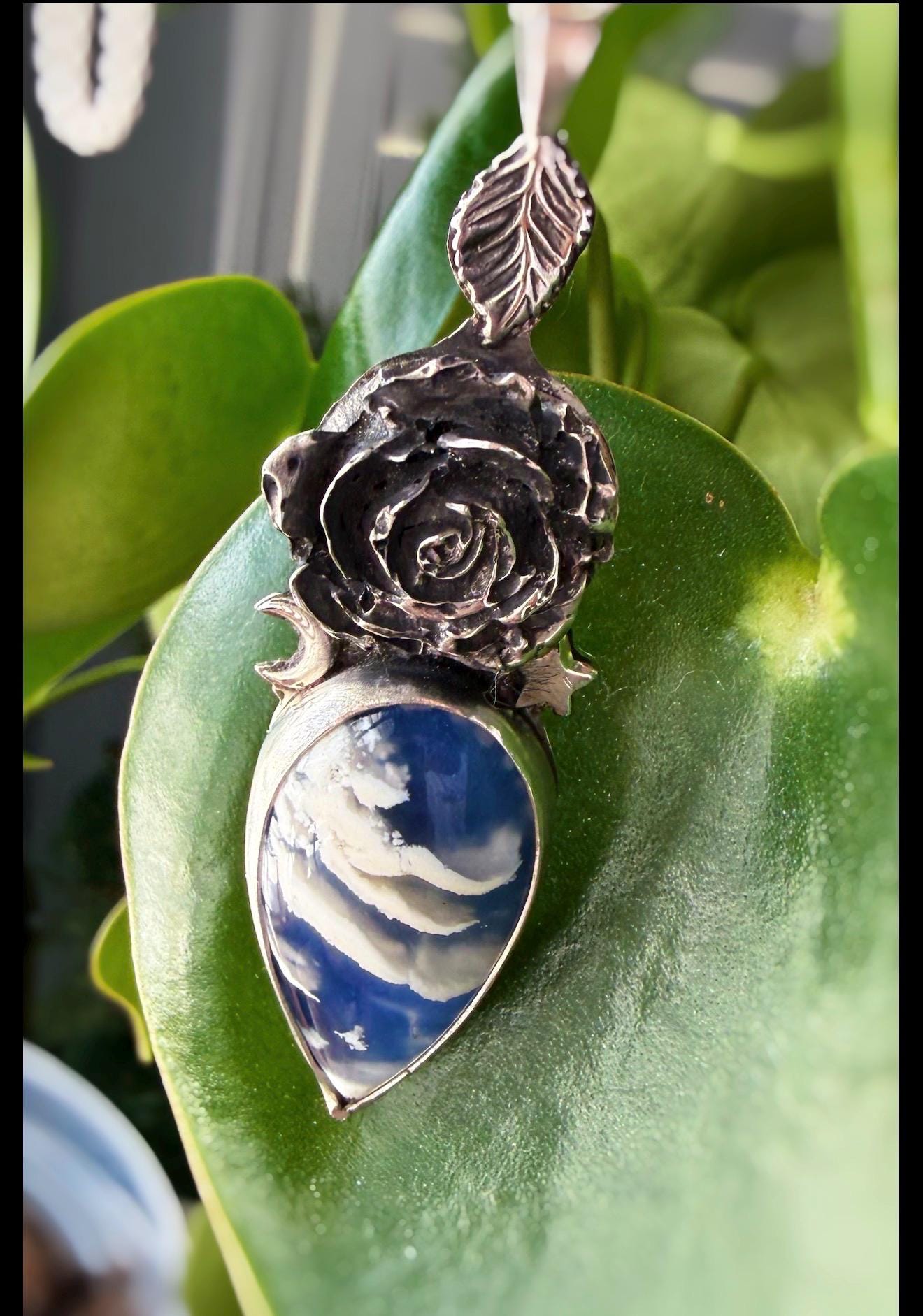 Plume Agate Doublet and Rose Pendant, handmade in sterling silver