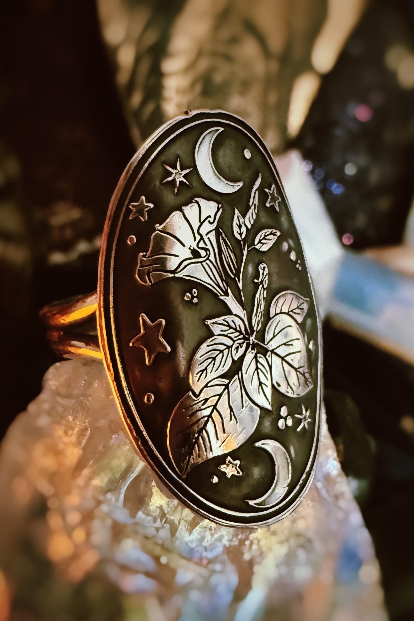 Celestial Datura flower sterling silver handmade ring, made to order